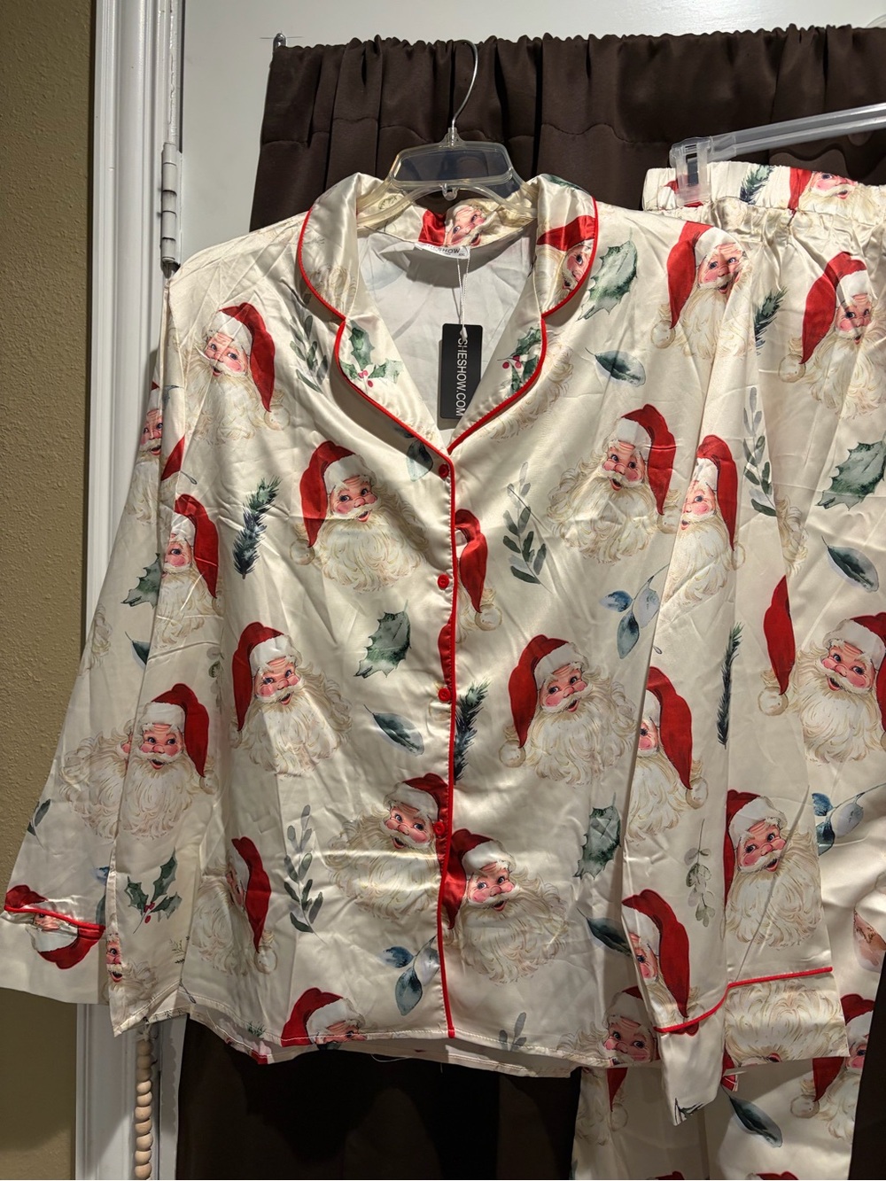Women’s Satin Santa Print Pajama Set - Ivory with Red Trim  women XXL